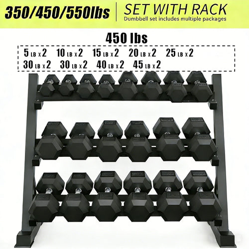 9 Pair Iron and Rubber-Coated Dumbbell Set (450 lbs), 5-45 lbs Hand-Held Free Weights for Strength Training, Hexagonal Rubber Weights with Vertical Storage Rack, Fitness Home Gym Equipment